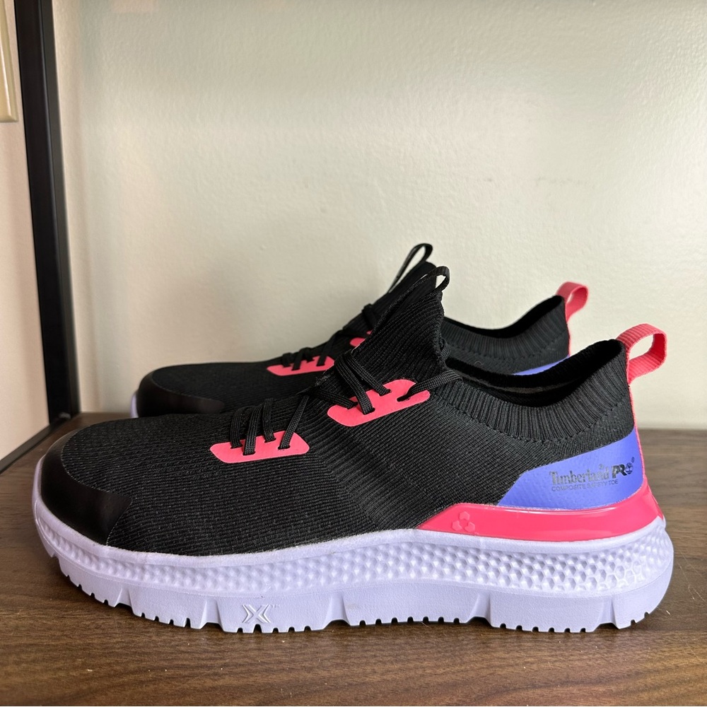 Timberland PRO Women's Black Knit Slip-On Sneakers with Pink and Purple Accents